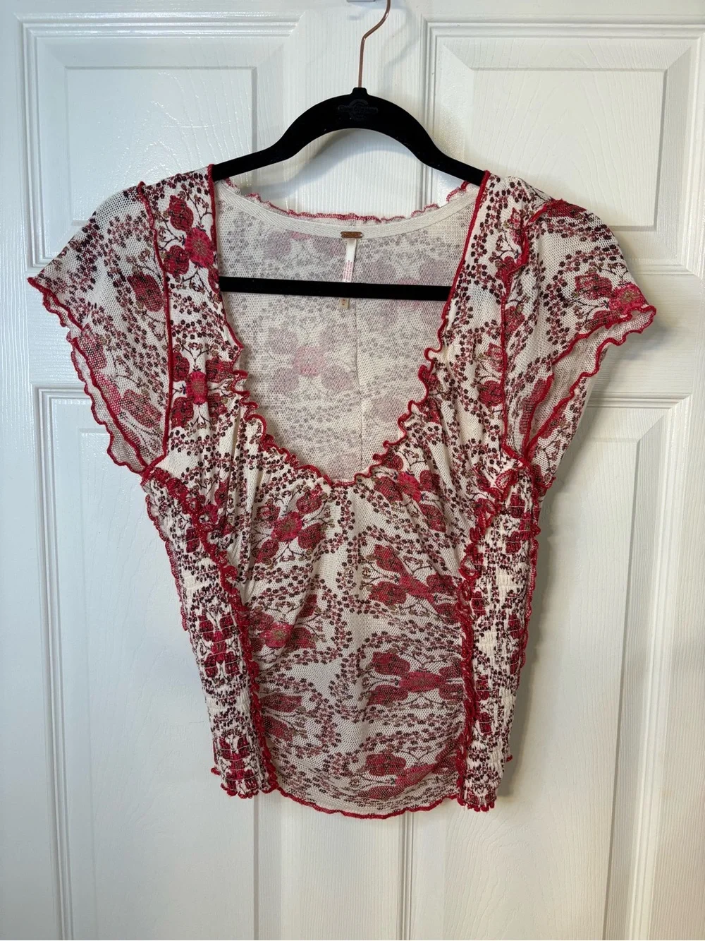 Free People Oh My Baby Tee Floral Mesh Ruched Coquette Boho Top M